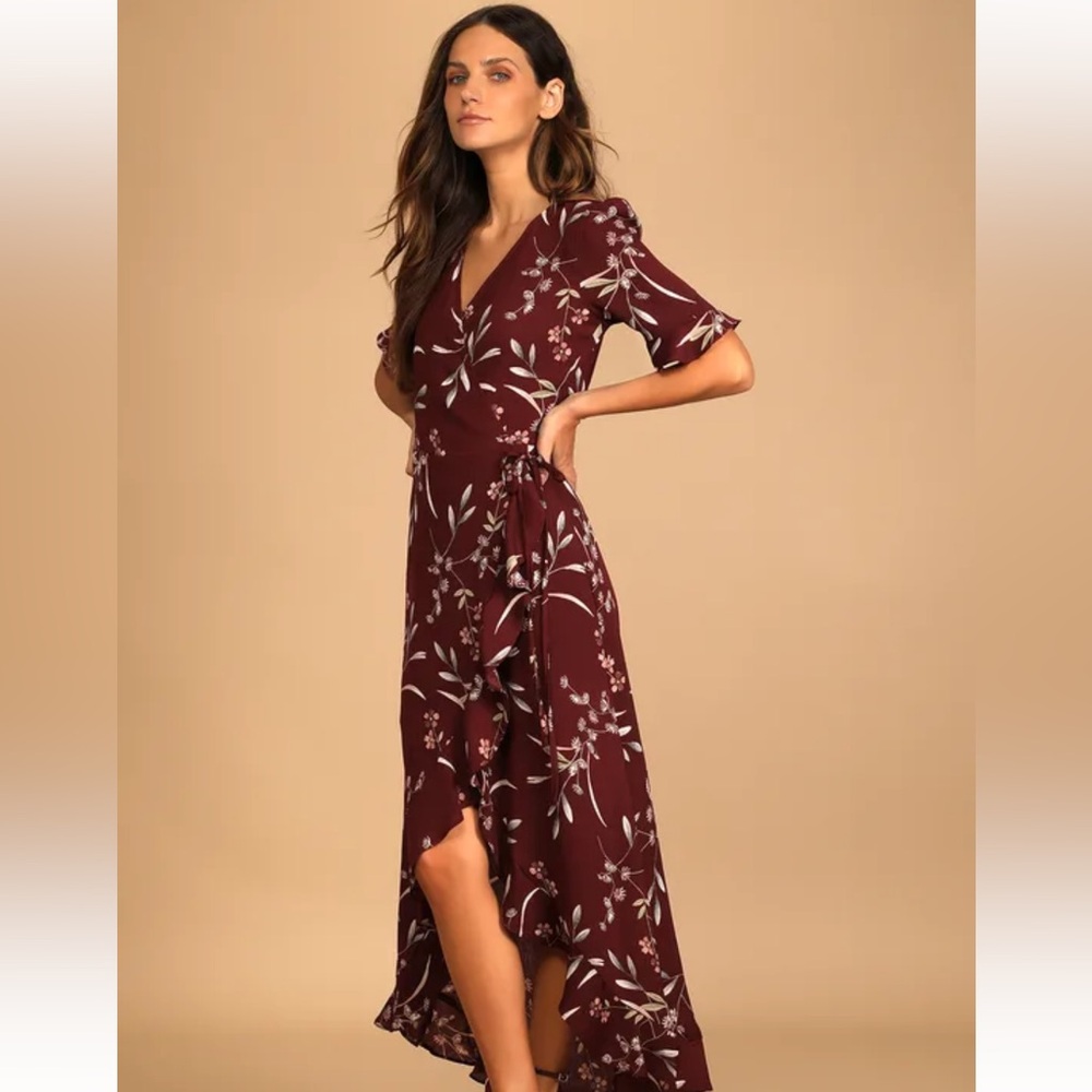 Lulus Wild Winds Burgundy Floral Print High-low Wrap Dress Purple - Size XS